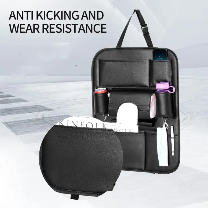 Multi pocket leather car seat organizer